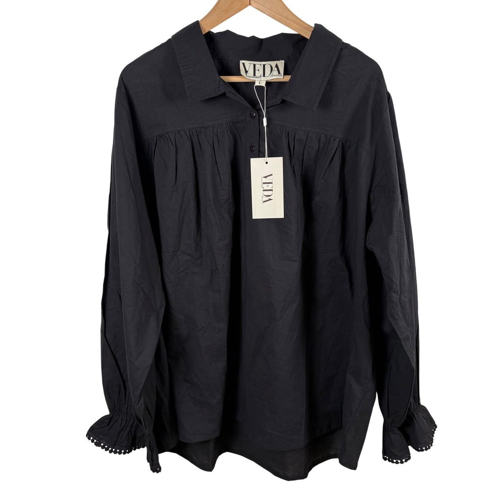 NWT Veda‎ Black Cotton Pintuck Ruffle Blouse Sz L Oversized Lagenlook Whimsigoth
